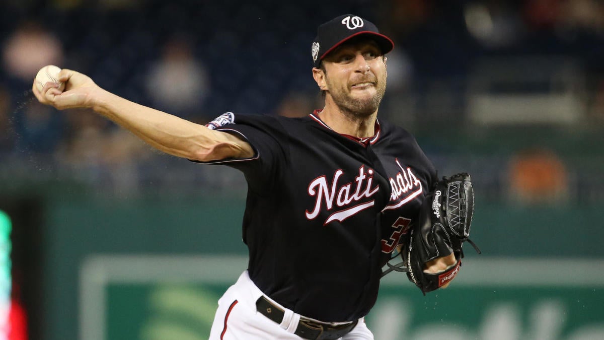 Washington Nationals starting pitcher Max Scherzer delivers a pitch during  a baseball game against the Kansas City Royals, Saturday, July 6, 2019, in  Washington. The Nationals are paying tribute to the Montreal