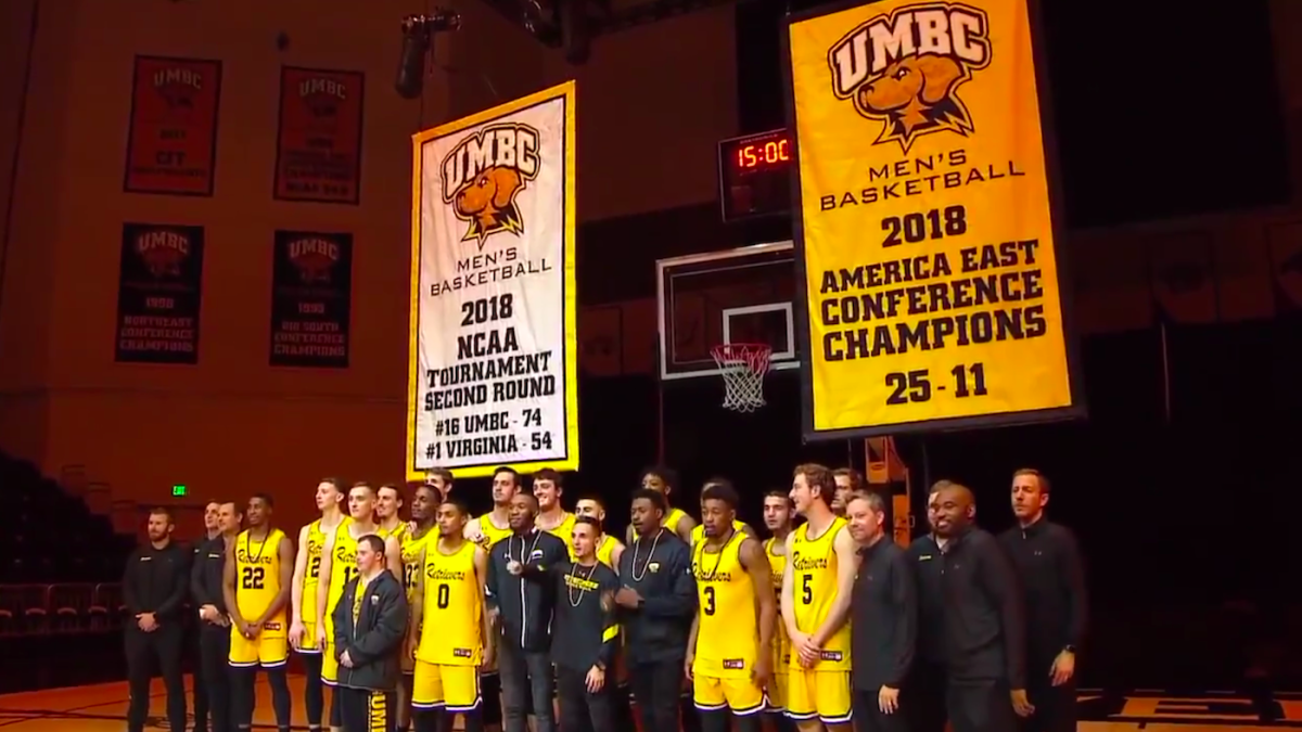 LOOK UMBC basketball team raises banner commemorating NCAA Tournament