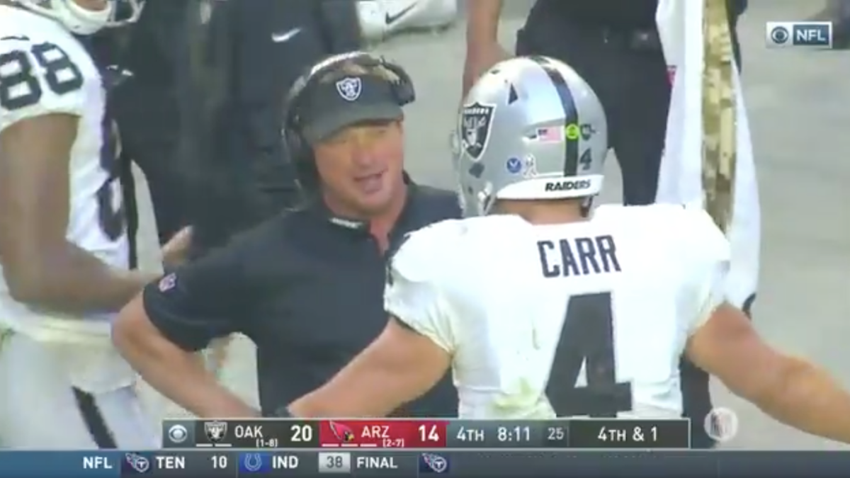 East Rutherford, United States. 06th Dec, 2020. Las Vegas Raiders head  coach Jon Gruden stands on the sidelines while Derek Carr walks to the  bench in the first half against the New