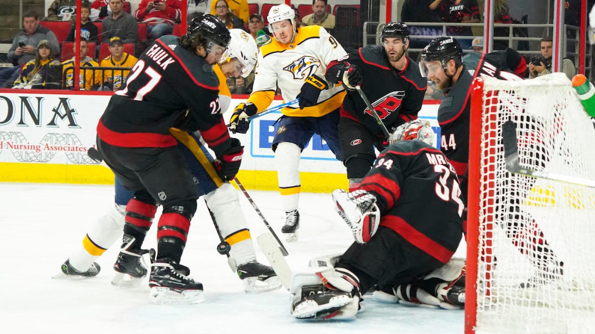 Predators' Filip Forsberg goes through his legs for a sweet goal against the Hurricanes ...