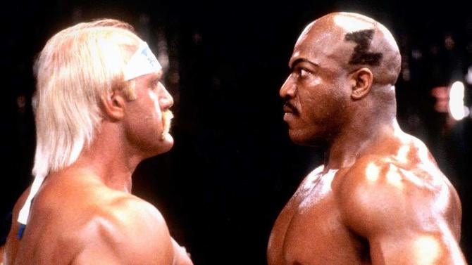 Hulk Hogan and Zeus face off in a scene from 'No Holds Barred.'