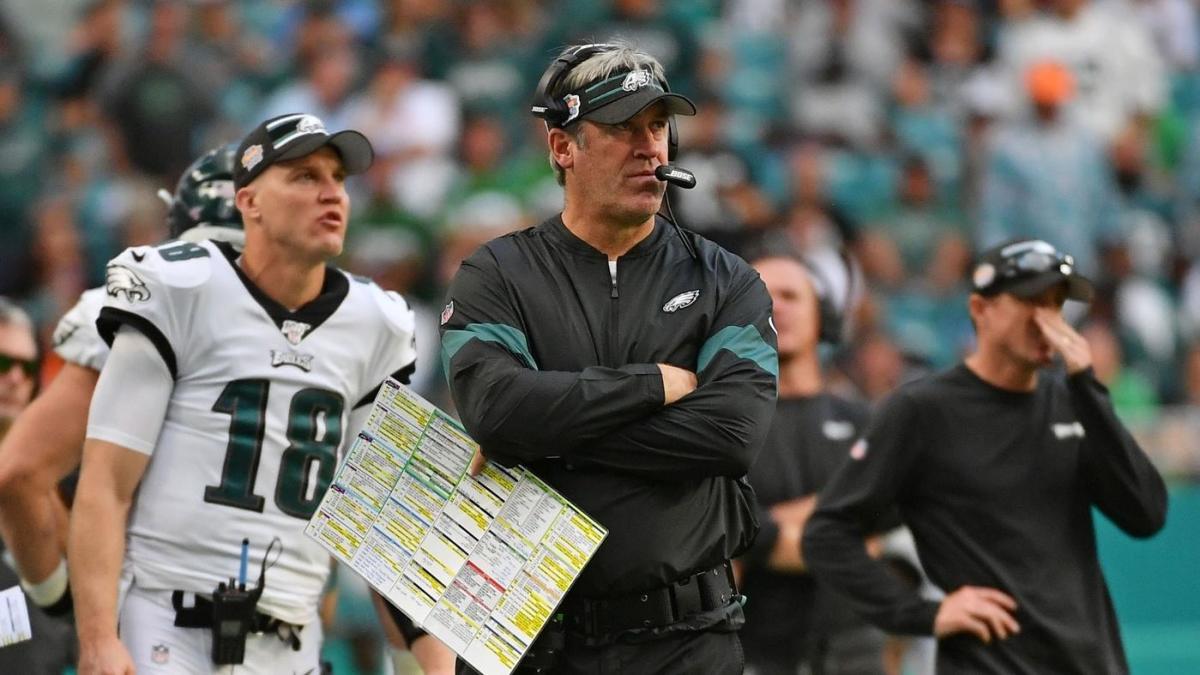 LANDOVER, MD - SEPTEMBER 13: Eagles offensive coordinator Mike Groh coaches  from the sideline during the Philadelphia Eagles vs. Washington Football  Team NFL game at FedEx Field on September 13, 2020 in