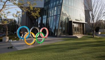 View of the Olympic Rings near the Japan Olympic Museum and