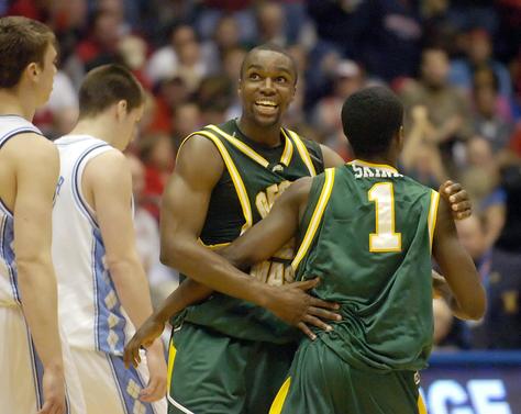 George Mason's Folrain Campbell (42) and Tony Skinn (1) star
