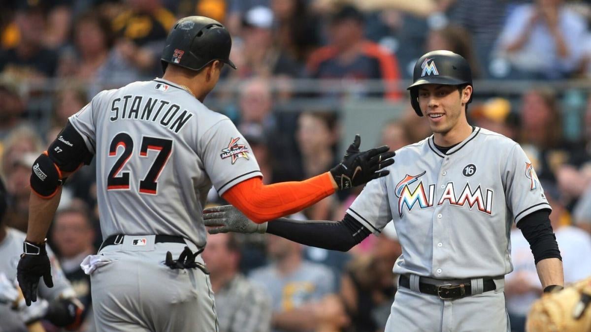 Miami Marlins Giancarlo Stanton waits his turn to hit during team