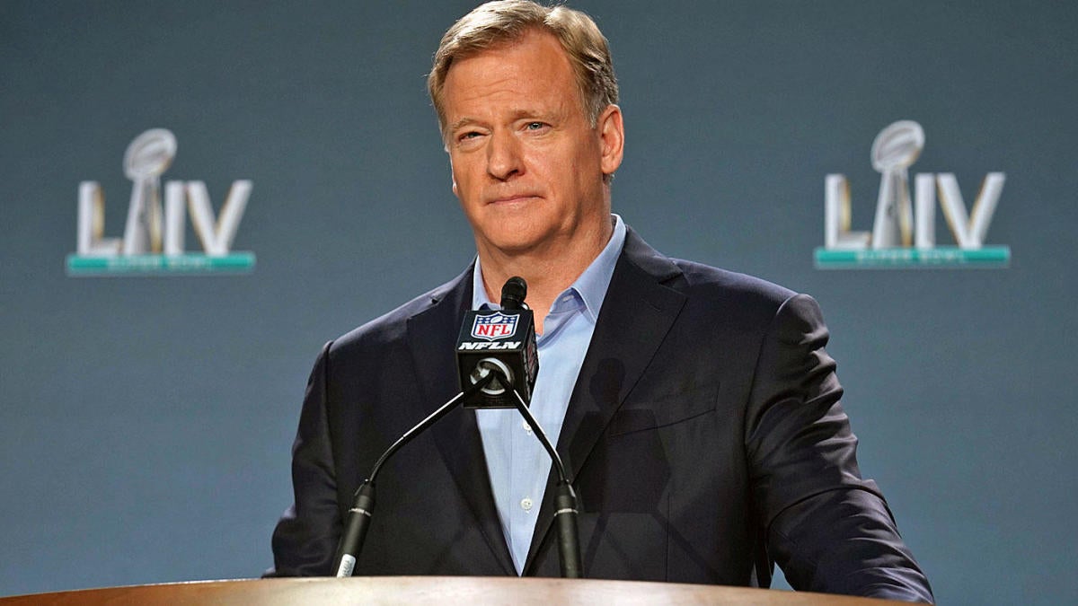 NFL commissioner Roger Goodell speaking at the Super Bowl LV press conference "pictured here"