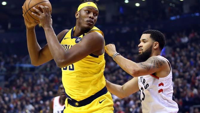 Fred VanVleet defends Myles Turner in the post
