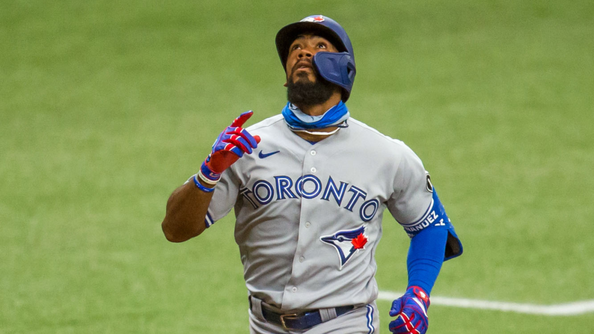 Teoscar Hernandez of the Toronto Blue Jays is given the Blue Jays