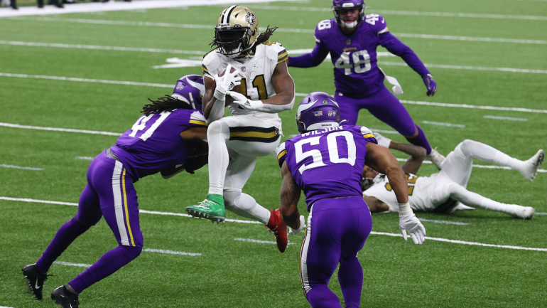 Alvina Kamara fined for Christmas cleats worn during six-TD explosion, plans to match fine in 