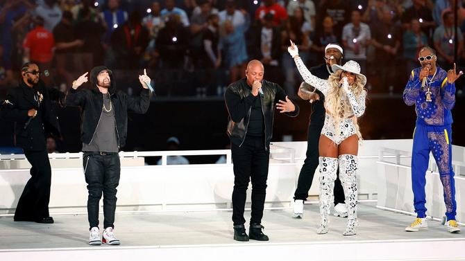 Super Bowl 56 Halftime Show Dr. Dre Eminem Snoop Dogg Mary J. Blige Kendrick Lamar 50 Cent