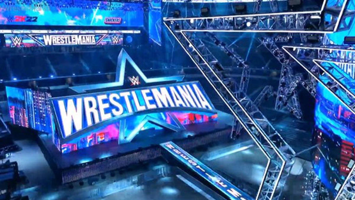 Penyingkapan panggung WWE WrestleMania 38: Tampilan raksasa menampilkan banyak bintang besar di dalam Stadion AT&T