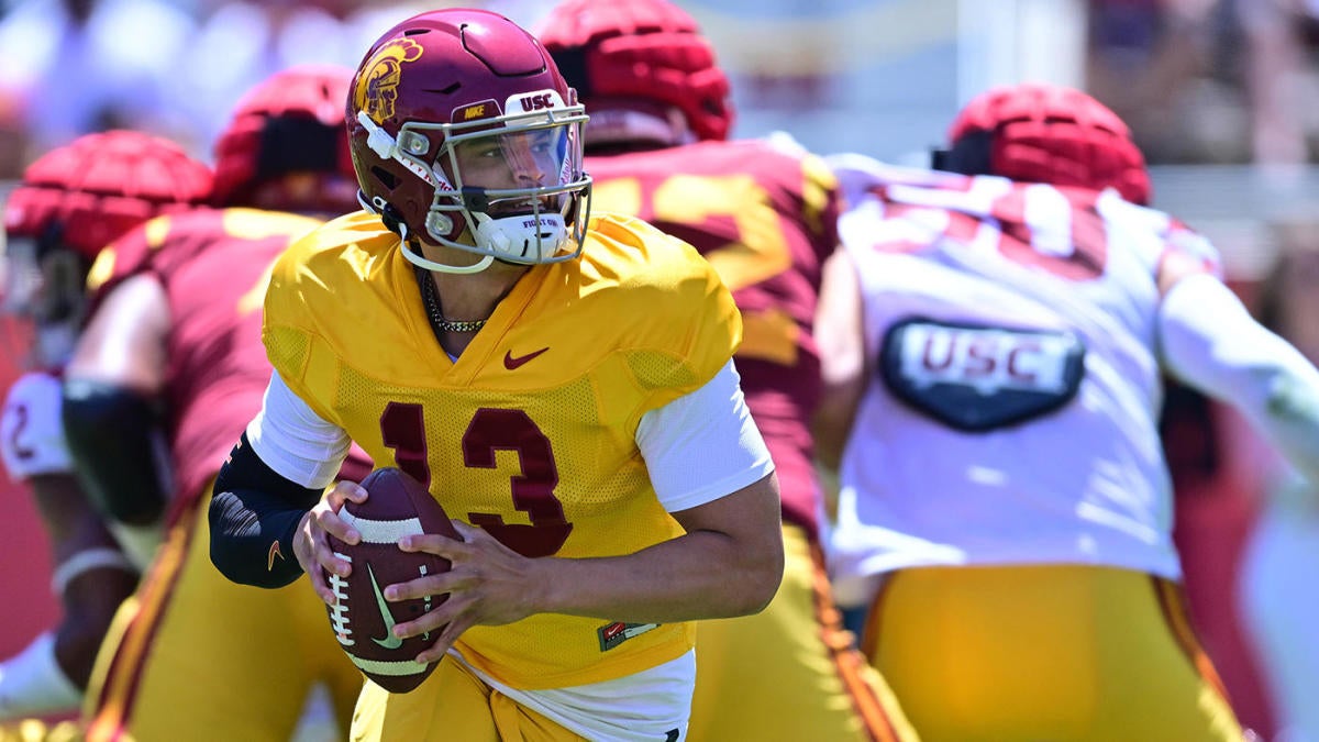 New sophomore quarterback Caleb Williams dropping back for a pass attempt.