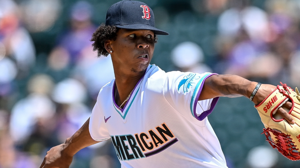 The cleats of Brayan Bello of the Boston Red Sox are displayed