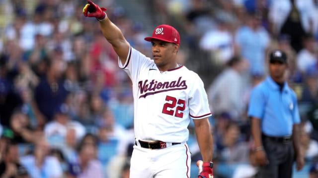 Denver, United States. 14th July, 2021. Washington Nationals Juan Soto does  a hop after an inside ball in the third inning of the 2021 MLB All-Star Game  at Coors Field in Denver