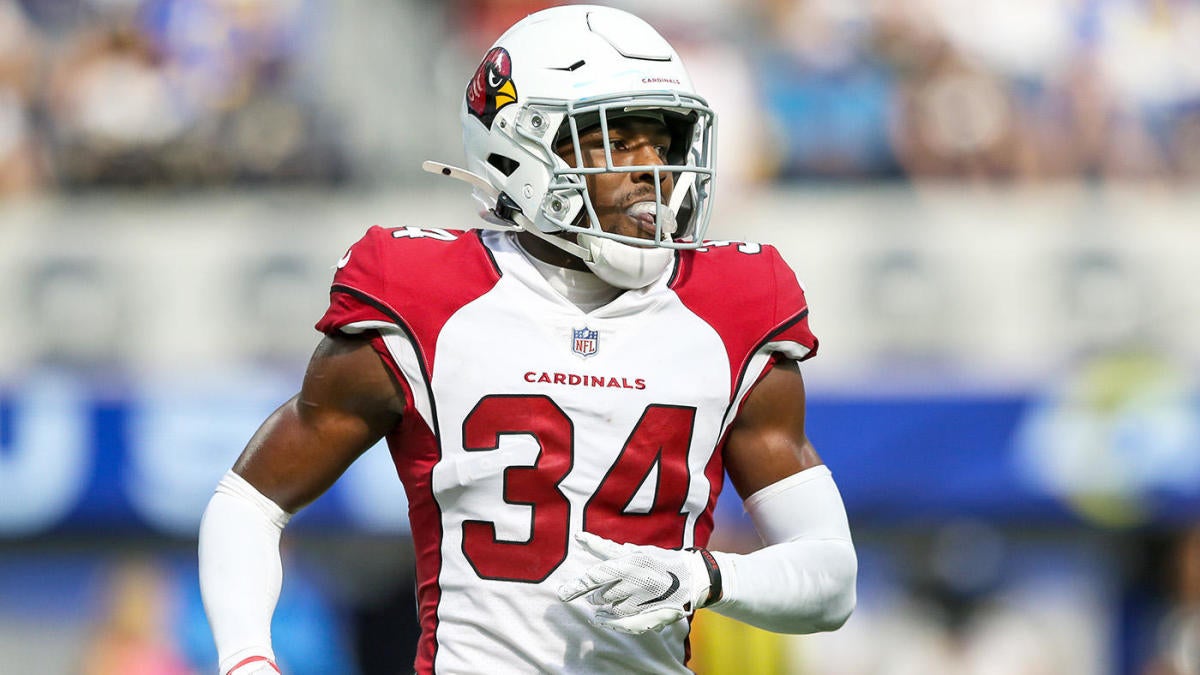 Arizona Cardinals safety Jalen Thompson (34) gives the ball to the ball boy  on the sidelines after intercepting a pass in the second half of an NFL  football game against the Carolina