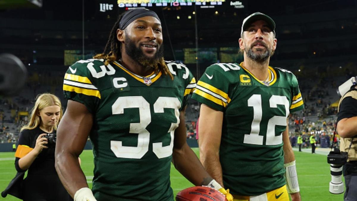 Green Bay Packers running back Aaron Jones (33) and Green Bay Packers quarterback Aaron Rodgers (12) walk of the after their game against the Green Bay Packers on Sunday, Sept. 18, 2022 at Lambeau Field in Green Bay. © Mike De Sisti / Milwaukee Journal Sentinel / USA TODAY NETWORK