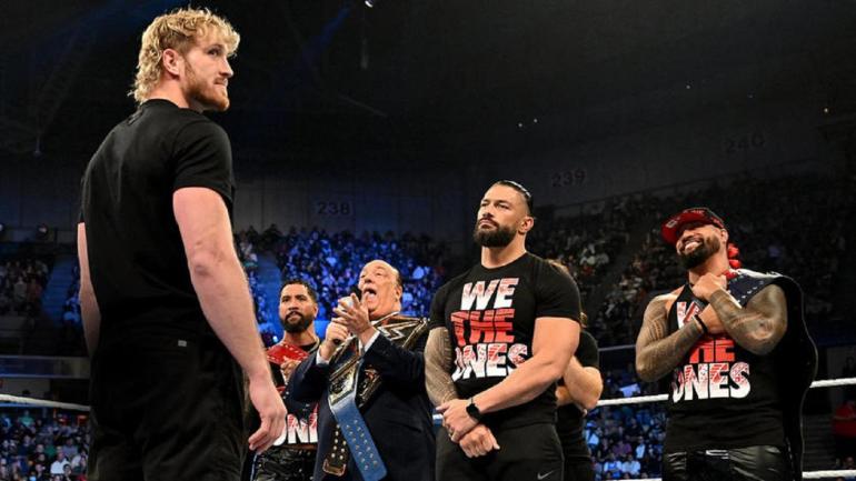 Logan Paul and The Bloodline (Jey Uso, Paul Heyman, Roman Reigns, Sami Zayn and Jimmy Uso of The Usos) on WWE SmackDown pro wrestling news