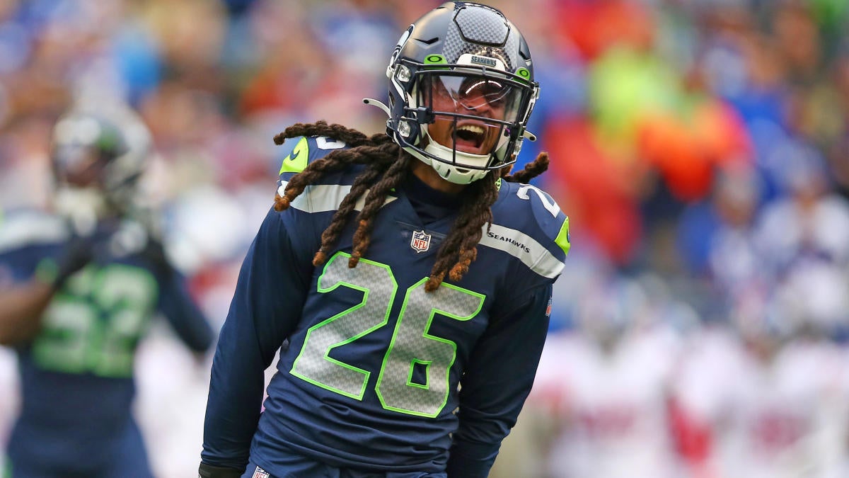 Seattle Seahawks defensive end Shelby Harris (93) runs onto the field  before an NFL football game against the New York Giants, Sunday, Oct. 30,  2022, in Seattle, WA. The Seahawks defeated the