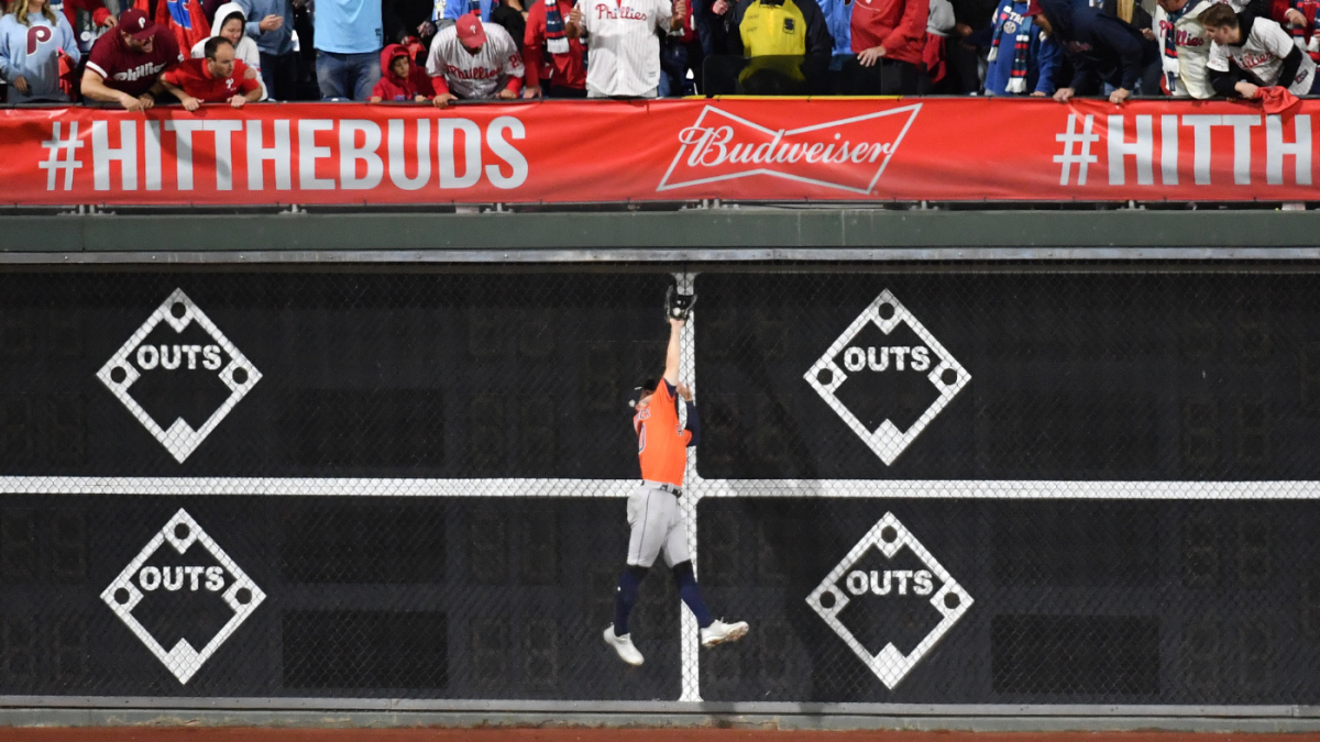 Chas McCormick catch: Watch Astros center fielder rob J.T. Realmuto with  leaping grab in World Series Game 5 