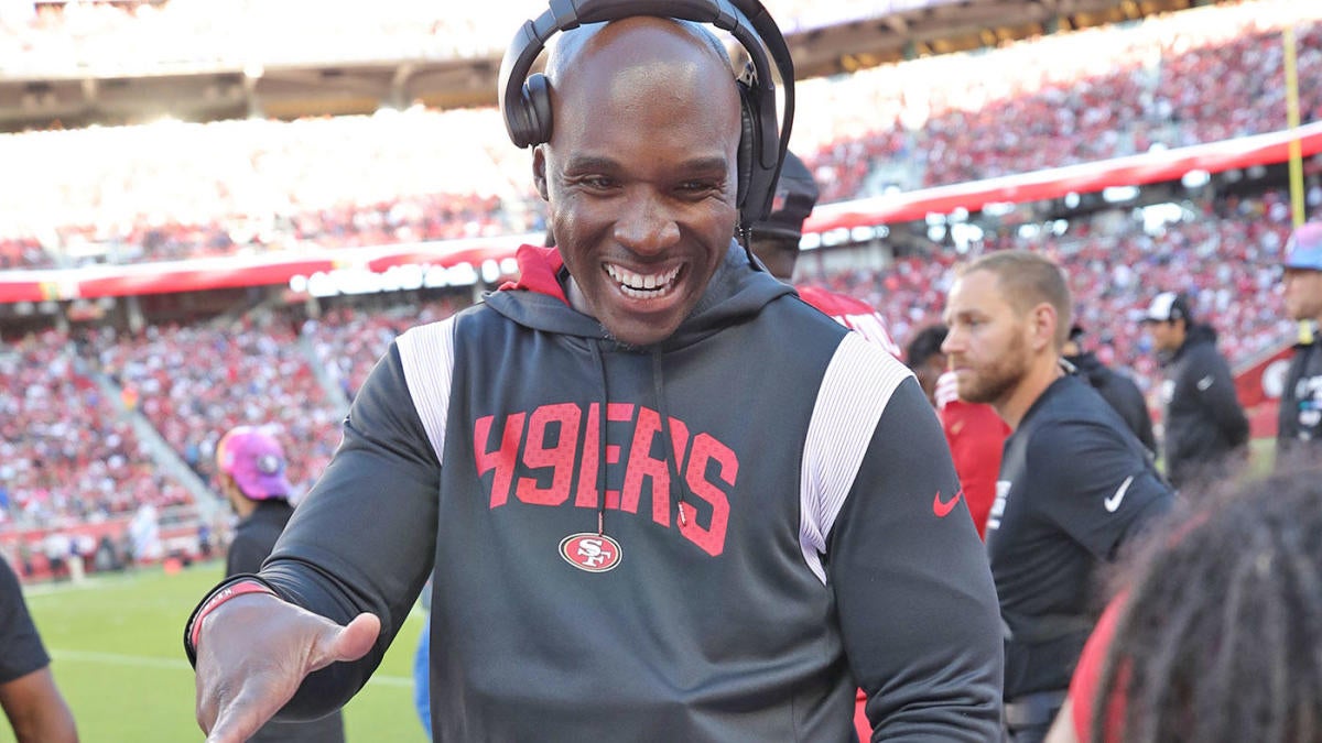 San Francisco 49ers defensive coordinator DeMeco Ryans looks up at a replay  during an NFL football game against the Minnesota Vikings, Sunday, Nov. 28,  2021, in Santa Clara, Calif. (AP Photo/Scot Tucker