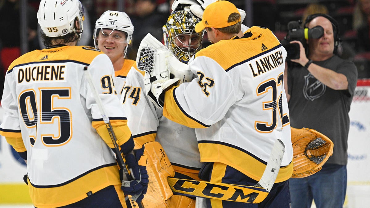 Nashville Predators' Juuse Saros (74) eyes the puck against the Carolina  Hurricanes during the second period of an NHL pre season hockey game in  Raleigh, N.C., Tuesday, Oct. 5, 2021. (AP Photo/Karl