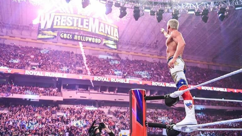 Cody Rhodes points to WrestleMania 39 sign after winning the 2023 Royal Rumble pro wrestling news