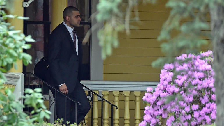 (Bristol, CT, 04/24/17) D.J. Hernandez leaves at the conclusion his brother Aaron Hernandez' funeral at the O'Brien Funeral Home in Bristol, Conn., on Monday, April 24, 2017. Staff photo by Christopher Evans