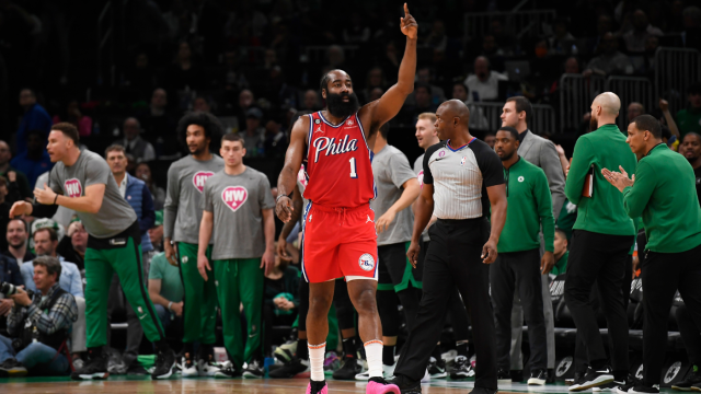 Boston Celtics' Jaylen Brown, right, goes up to shoot against Philadelphia  76ers' Paul Reed during the first half of Game 4 in an NBA basketball  Eastern Conference semifinals playoff series, Sunday, May