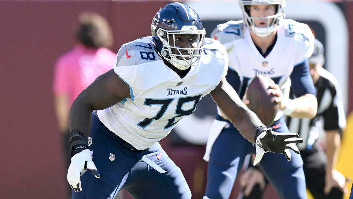 Tennessee Titans offensive tackle Nicholas Petit-Frere (78) guards