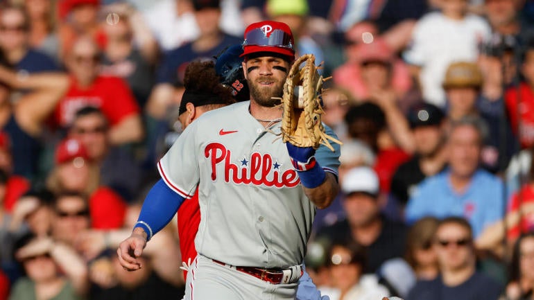 Phillies' Bryce Harper makes first MLB start at first base, flips into ...