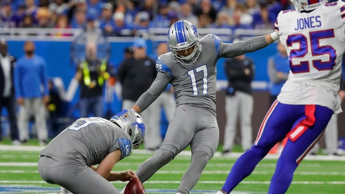 Detroit Lions place kicker Michael Badgley (17) kicks a field goal