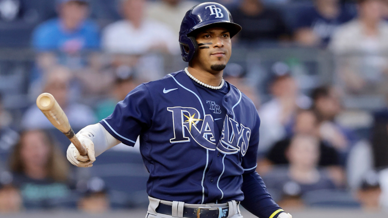 Tampa Bay Rays' Wander Franco sports a tattoo with the date he made his  major league debut as he waits at the on deck circle during the ninth  inning of a baseball