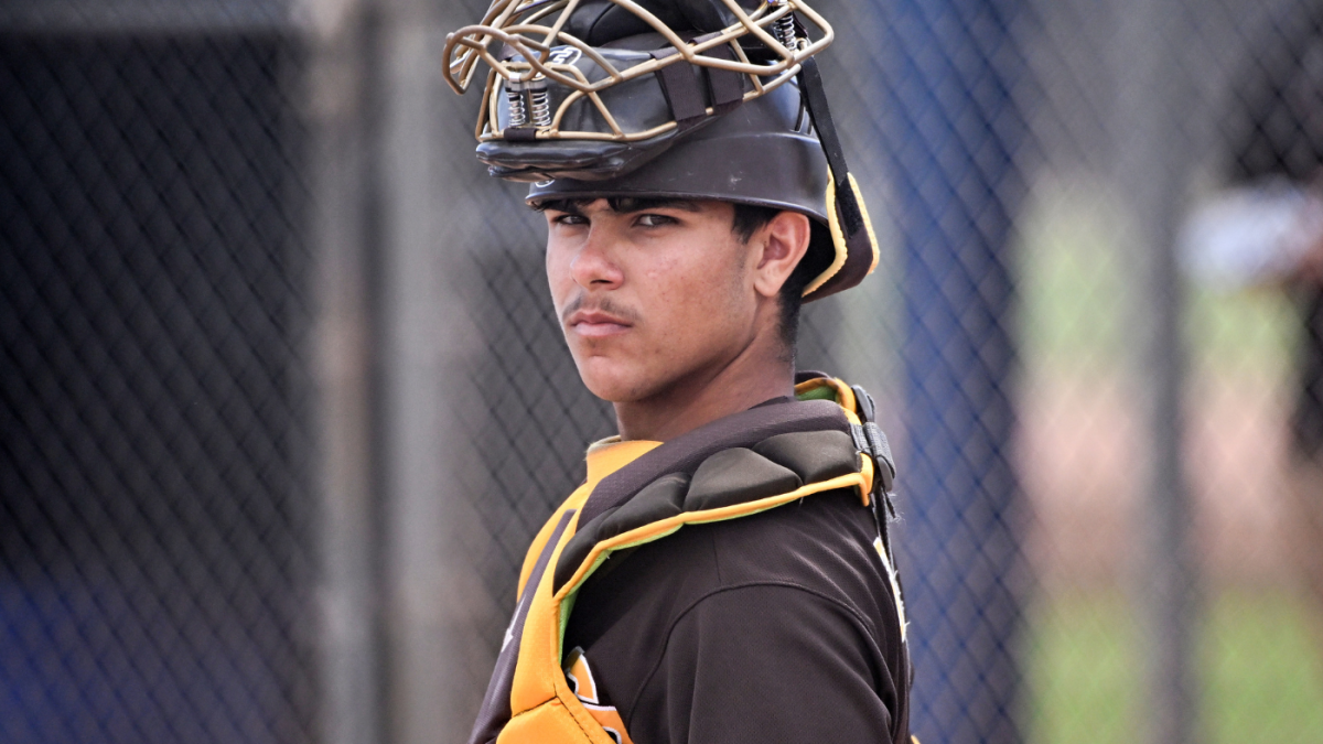 San Diego Padres catcher Ethan Salas, 16, doubles to the oppo gap