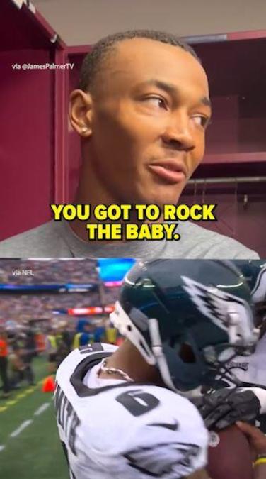 DeVonta Smith celebrates birth of daughter with 'rock the baby' TD  celebration in Eagles' win