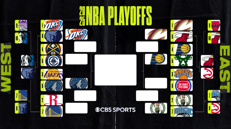 2025 NBA Playoffs bracket showing matchups for the Western and Eastern Conference.