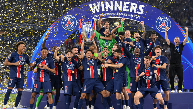 PSG players celebrating a goal in the Champions League final