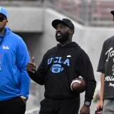 The UCLA football spring practice at the Rose Bowl in Pasadena.