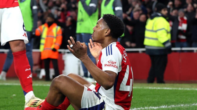 Myles Lewis-Skelly celebrates for Arsenal