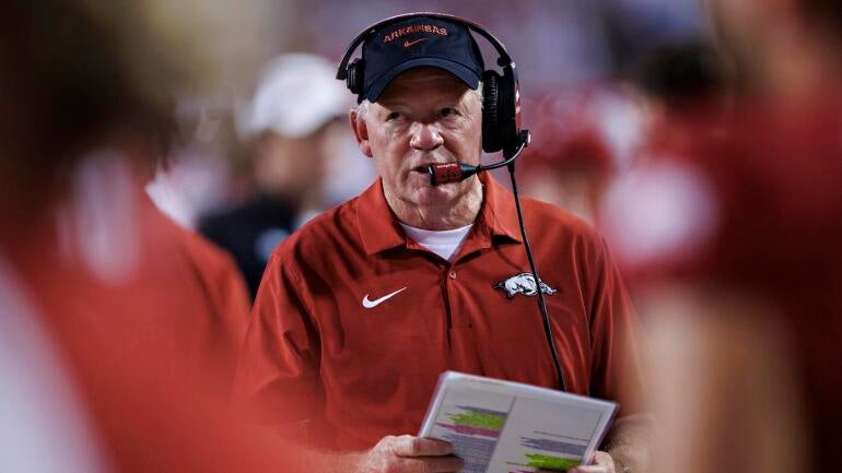 Bobby Petrino on the sidelines as offensive coordinator for Arkansas