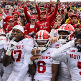 Indiana players celebrate after a big win on the road over Oregon