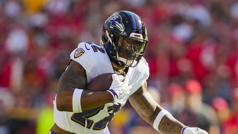 Derrick Henry comemorando um touchdown pelos Baltimore Ravens na NFL.