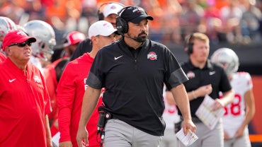 Ohio State coach Ryan Day roams the sidelines during the 2025 season