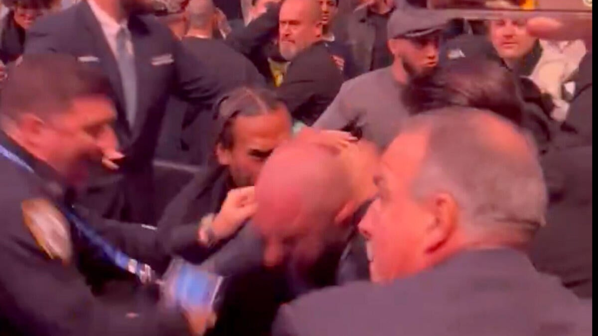 Massive brawl breaks out at UFC 322 as members of Team Khabib and Dillon Danis scrap cageside