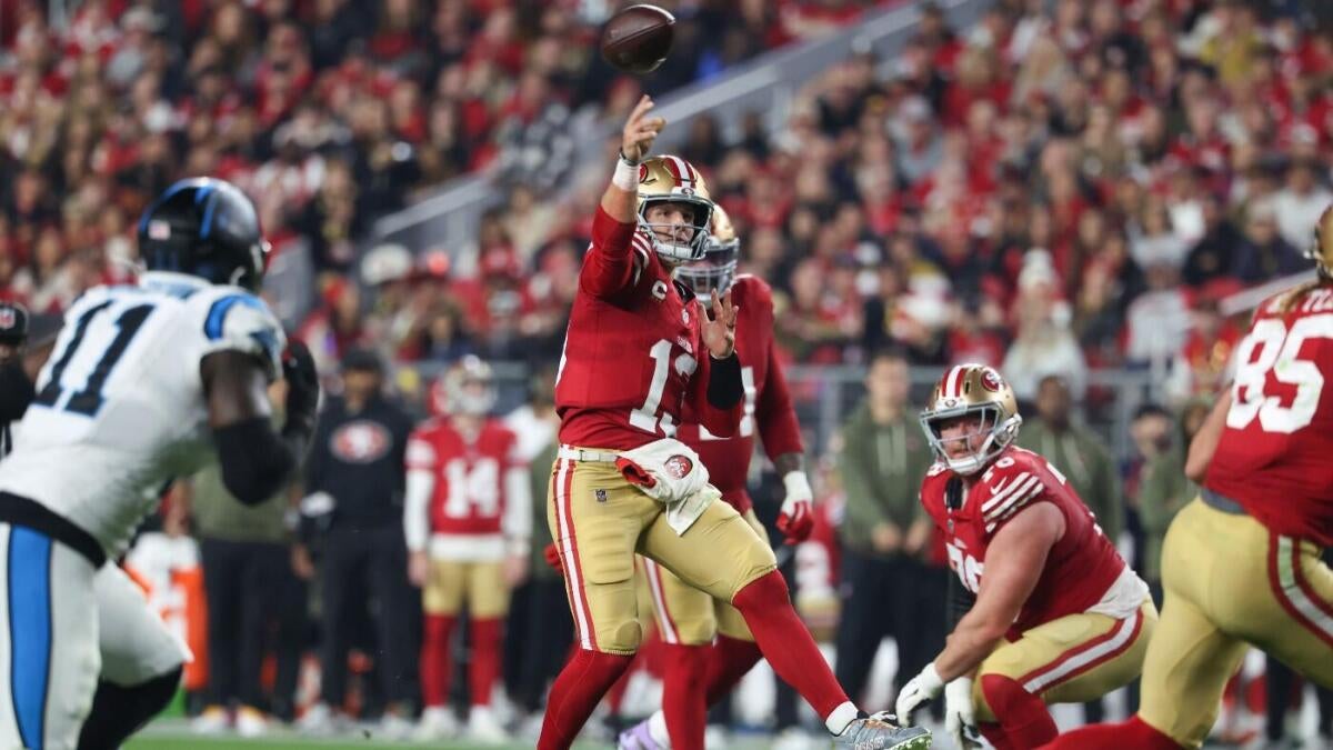 Brock Purdy unravels early with three first-half INTs, but 49ers still lead Panthers on strength of defense