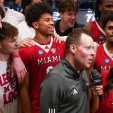 Miami (OH) RedHawks head coach Travis Steele speaks with media after the RedHawks defeated the Southern Methodist University