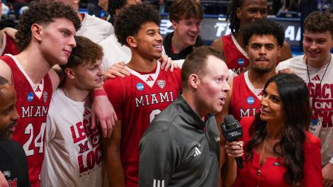 Miami (OH) RedHawks head coach Travis Steele speaks with media after the RedHawks defeated the Southern Methodist University