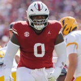 Oklahoma defensive lineman David Stone (0) celebrates after a play during the first half of an NCAA football game between the