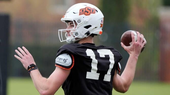 Oklahoma State's Drew Mestemaker throws a pass during an Oklahoma State University Cowboys football spring practice in