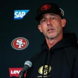 49ers head coach Kyle Shanahan speaks with reporters during an Australia press conference.