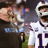 On one side is Lions' coach Dan Campbell looking up and on the other is Bills quarterback Josh Allen in a white number 17 jersey.